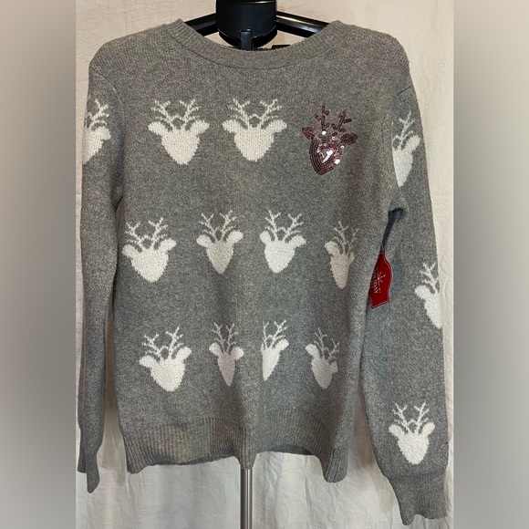 Holiday Time Sweaters - Ugly Christmas Sweater Reindeer Antlers & Sequin Women’s Soft Grey Large NWT